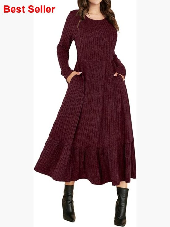 Dresses & Skirts - Rib Knit Crew Neck Long Sleeve Midi Dress with Pockets